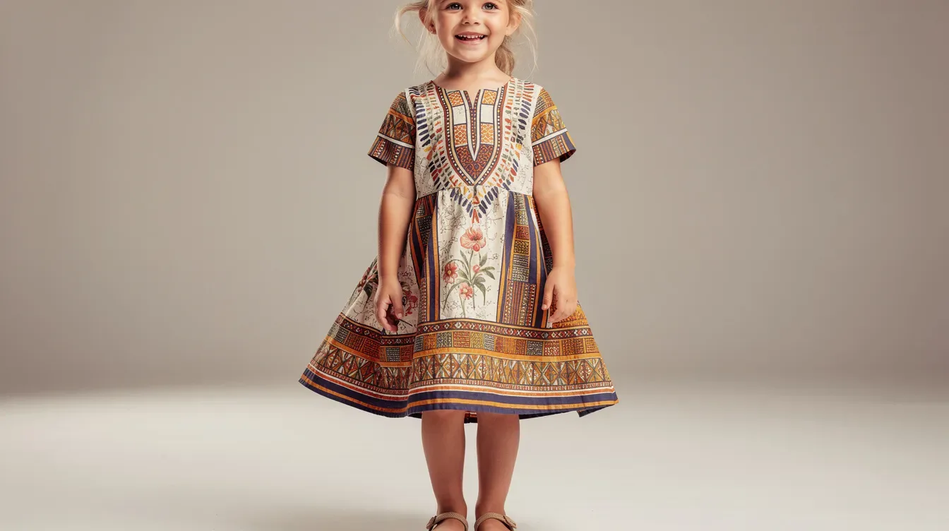 A child is wearing a globally-inspired printed dress adorned with vibrant cultural patterns, made from super soft organic cotton, perfect for sensitive skin. This adorable outfit showcases fun prints and is ideal for special occasions, embodying a timeless style that many parents love for their little ones.