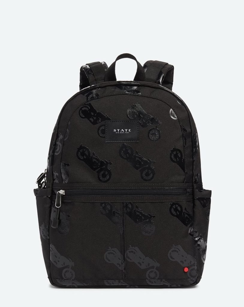 Coolest backpacks for grade school: State backpack with black on black motorcycles | Back to school guide 2019 Cool Mom Picks