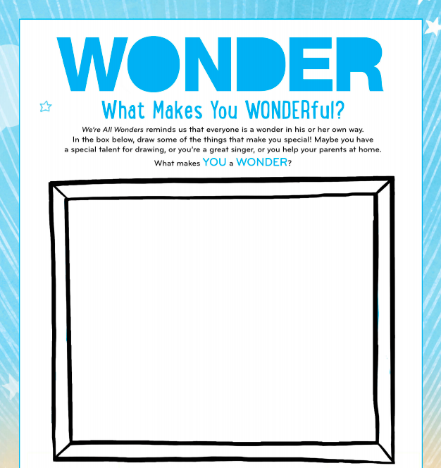 Free printable Wonder activity sheets that include writing and drawing prompts like this one