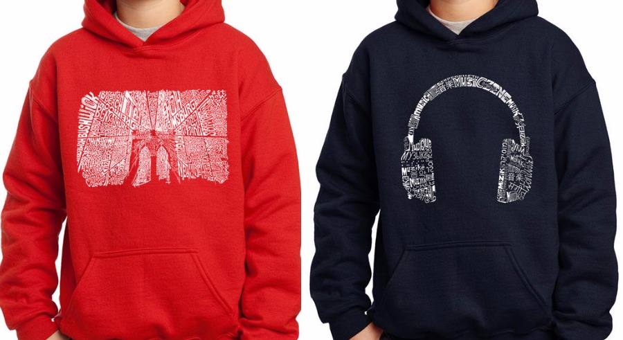 Los Angeles pop art tees and sweatshirts: The graphics are made from words like music, in 47 different languages