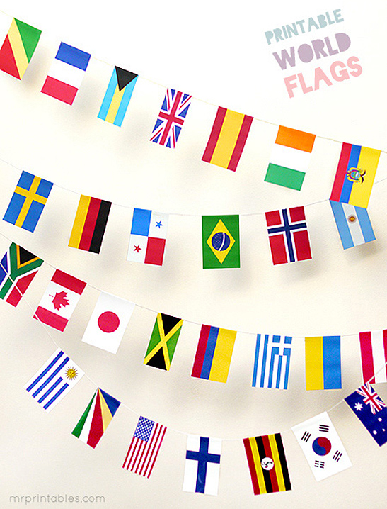 Free printable world flags bunting from Mr. Printables for Winter Olympics decorating and crafts