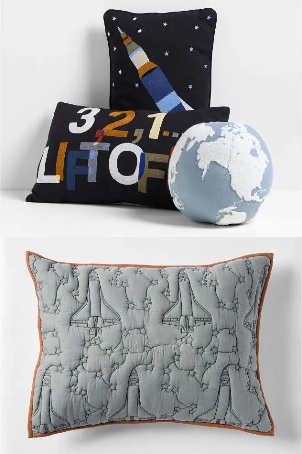 Space-themed pillows and room decor for kids from the new Smithsonian x Crate & Kids collection