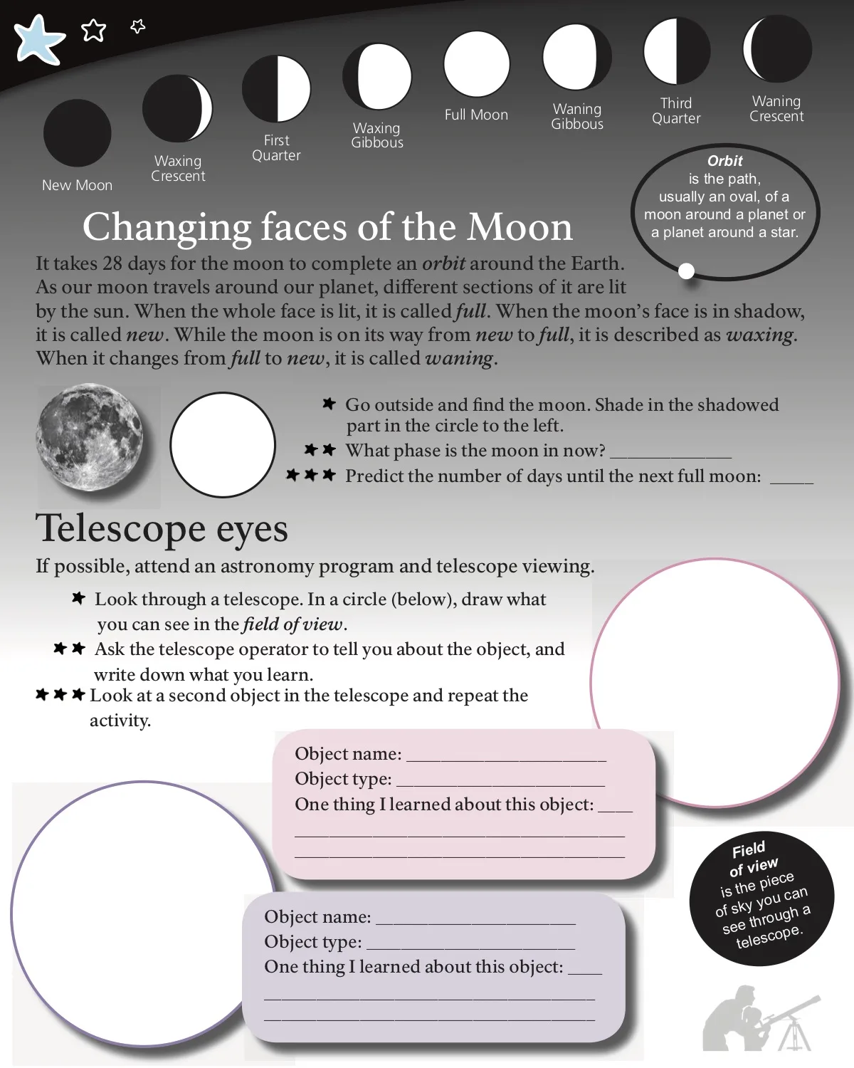 From the National Park Service Junior Ranger program: A downloadable workbook includes this free night sky explorer worksheet